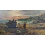 A framed oil on board of a coastal scene with fisherman and fishing boat. Indistinctly signed. H.