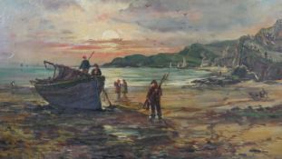 A framed oil on board of a coastal scene with fisherman and fishing boat. Indistinctly signed. H.