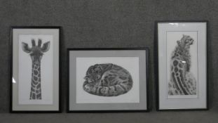 Gary Hodges - three framed and glazed signed limited prints, one of a baby giraffe, Clouded Leopard