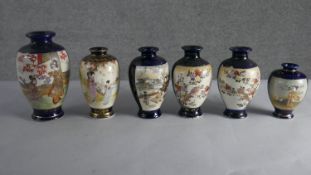 Six Japanese hand painted Satsuma ware vases, decorated with geisha girls and character marks to