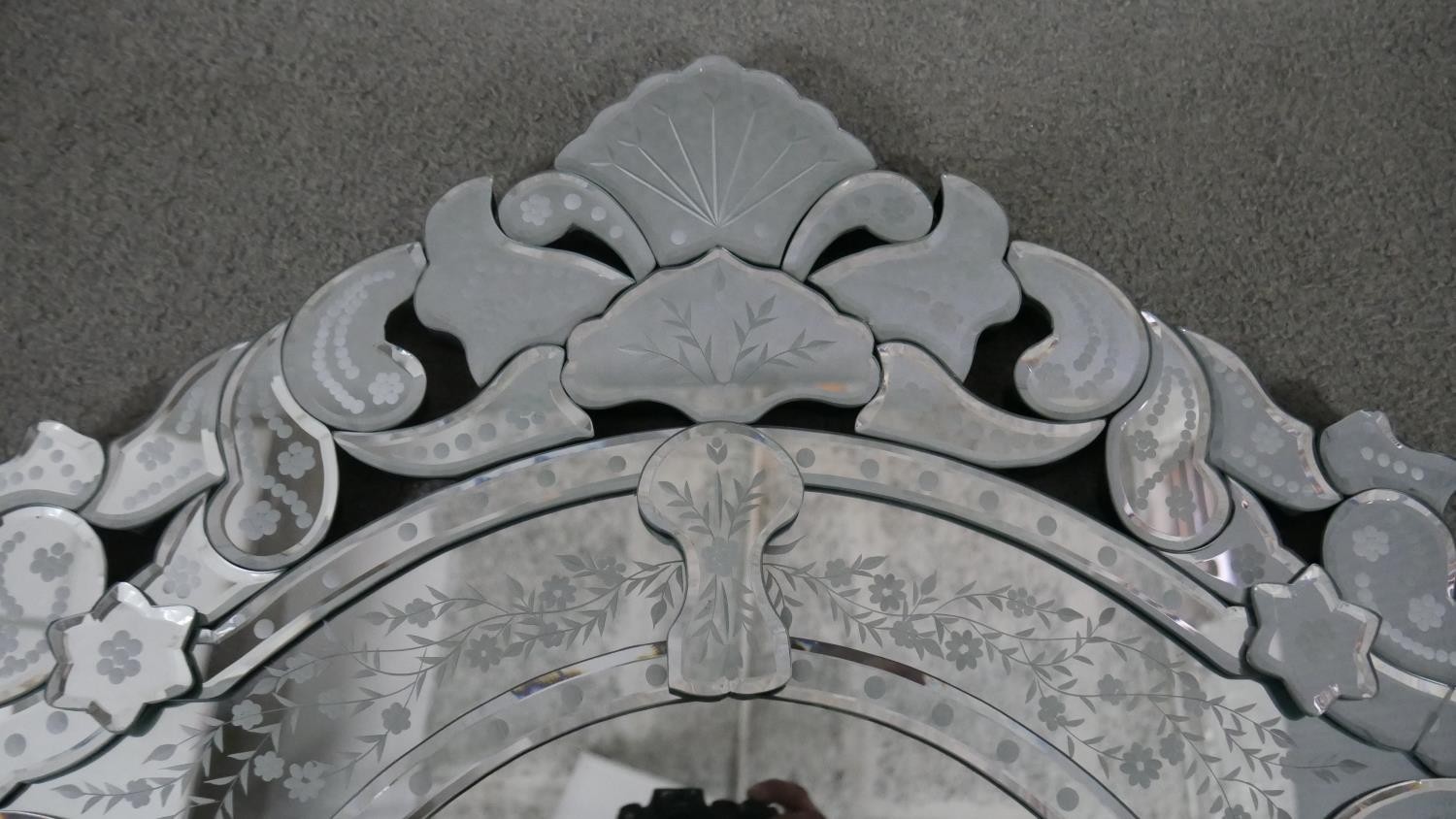 A Venetian style wall mirror, the ornate mirrored frame with bevelled edges and etched foliate - Image 4 of 4