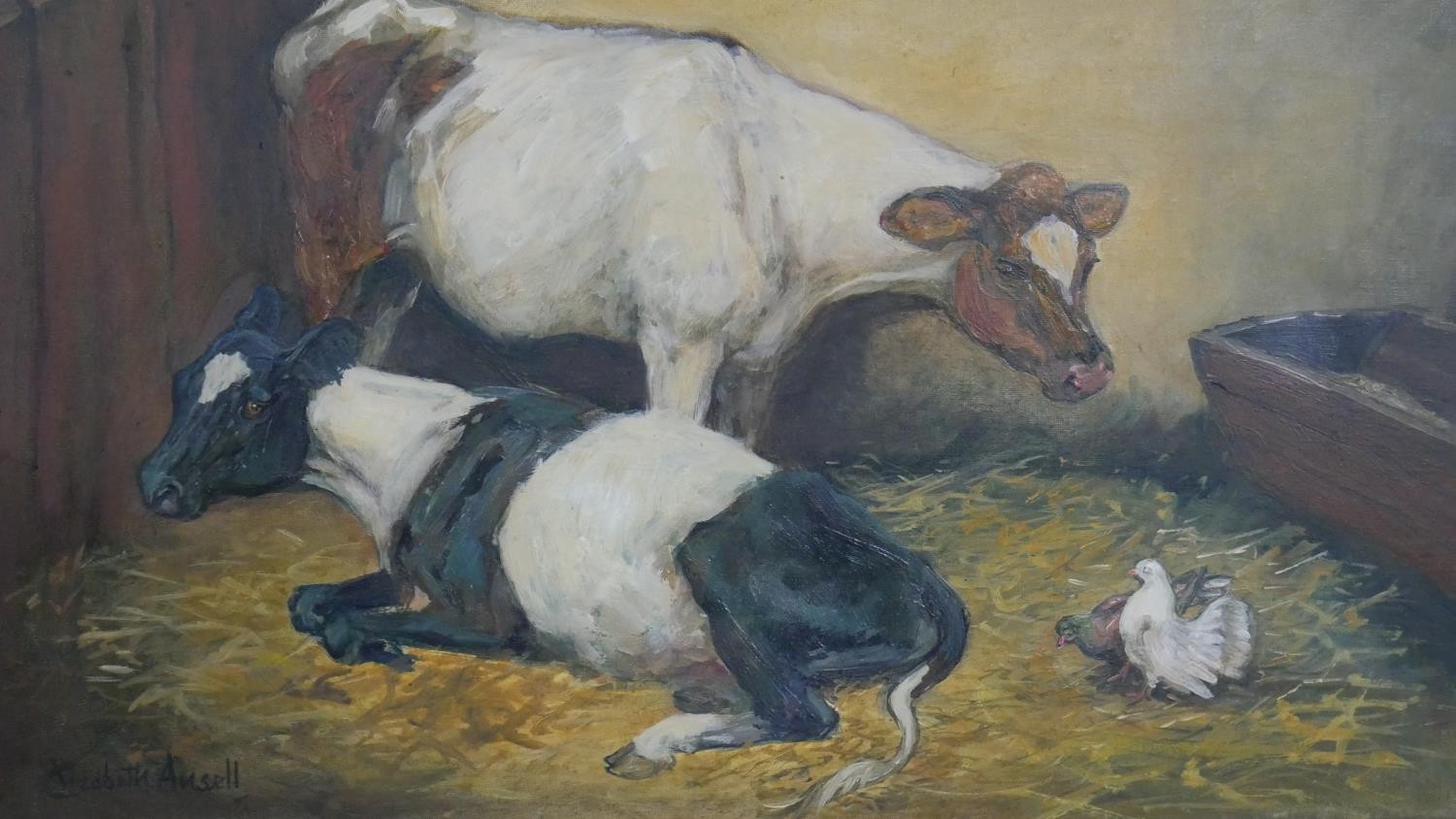 A pair of gilt framed oils on canvas of cows in a barn. Signed Elizabeth Ansell H.40 W.50cm - Image 2 of 7