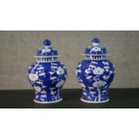 A pair of 19th century blue and white hand painted Chinese prunus blossom design lidded ginger jars,