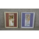 Two framed glass plaques for La Trappistine with designs by Alphonse Mucha. H.36 W.28cm