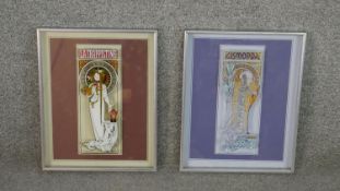 Two framed glass plaques for La Trappistine with designs by Alphonse Mucha. H.36 W.28cm