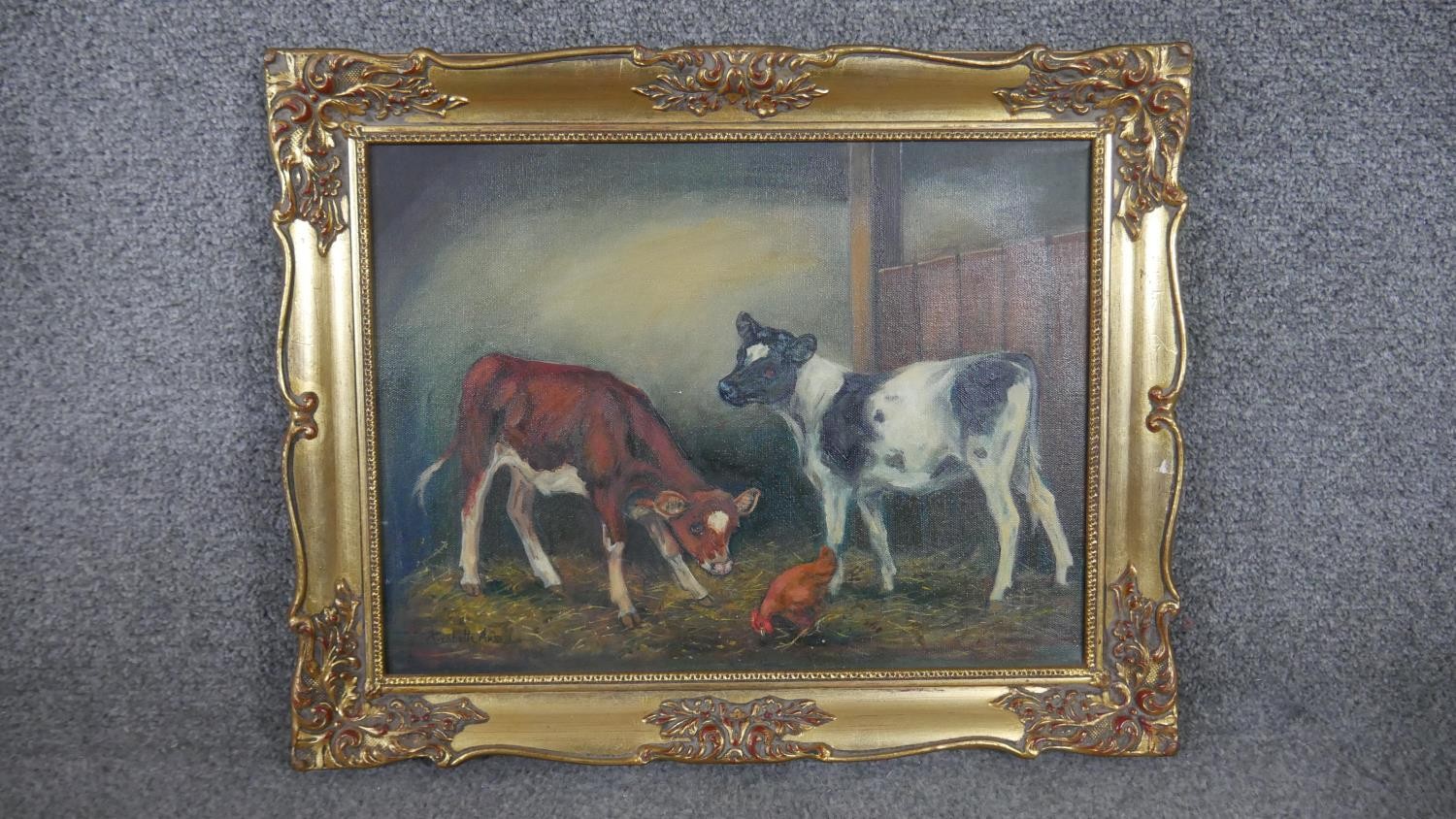 A pair of gilt framed oils on canvas of cows in a barn. Signed Elizabeth Ansell H.40 W.50cm - Image 6 of 7