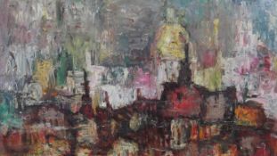 A gold painted moulded framed oil on board of an abstract city scene, St Eau, indistinctly signed