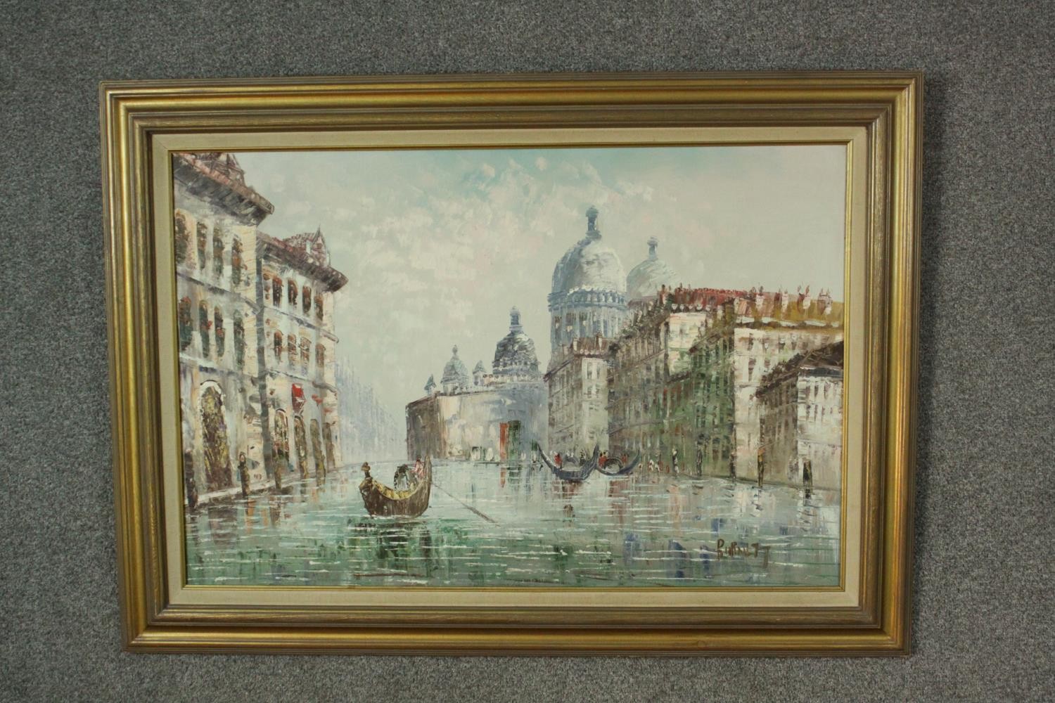 A 20th century gold painted framed oil on canvas, Venetian canal scene. Signed Burnett. H.80 W. - Image 2 of 7