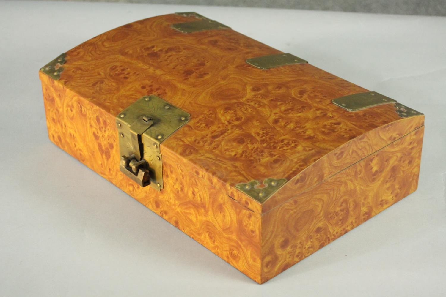 A burr walnut veneer Chinese style jewellery box with brass fittings with padlock (no key), paper - Image 5 of 11