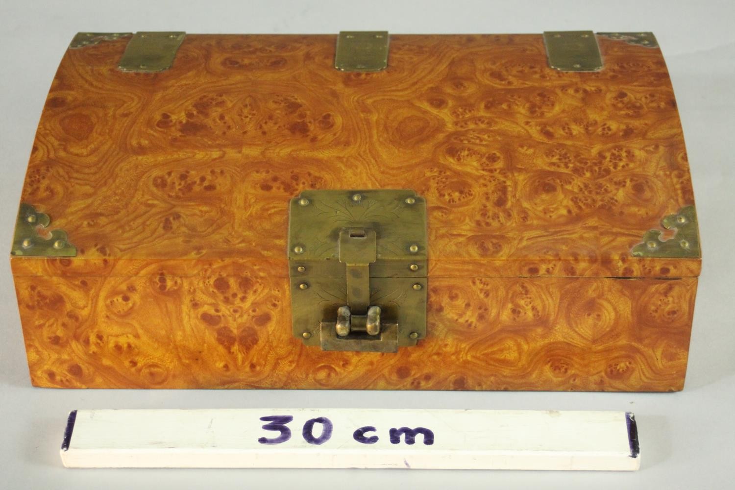 A burr walnut veneer Chinese style jewellery box with brass fittings with padlock (no key), paper - Image 3 of 11