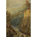 C. J. Leeke, a watercolour depicting a precarious rustic bridge over a fast moving river. H.59 W.