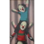A framed oil on board of three clowns on each other shoulders. Signed Michel Camet, 94. H.63 W.30.