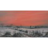 A framed oil on canvas of a snowy field at sunset. Signed A. Smith. H.65 W.117cm