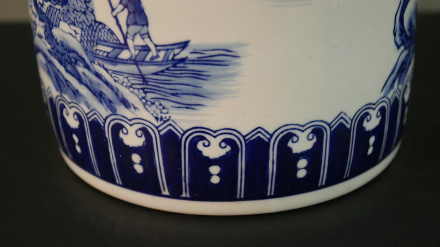 A 20th century blue and white Chinese porcelain stick stand decorated with a mountain landscape, - Image 7 of 9