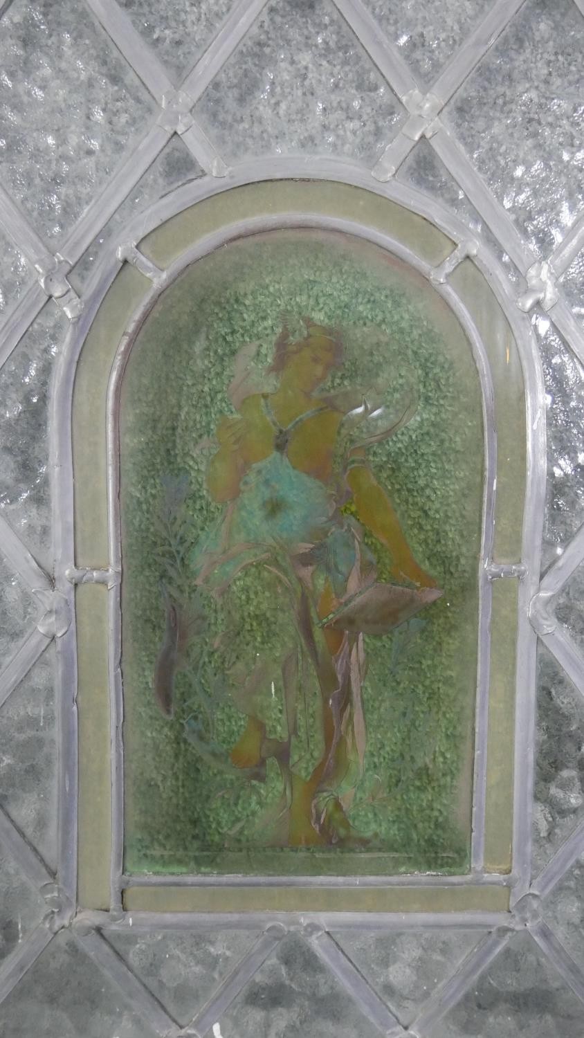 A large early 20th century lead and stained glass door with two painted coloured glass panels with - Image 2 of 11
