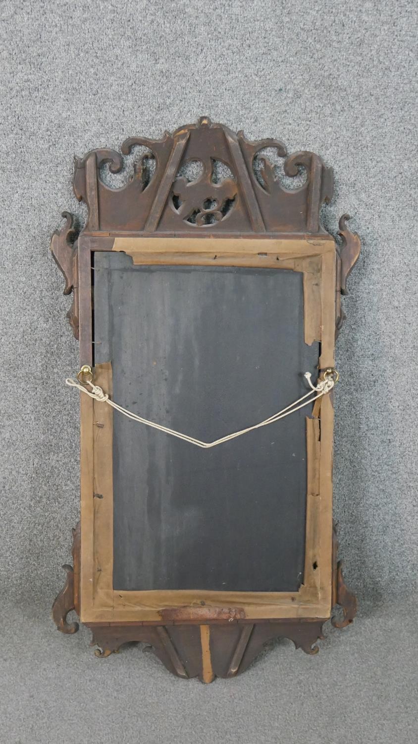 A George III mahogany fretwork mirror, parcel gilt, with a carved and pierced, Ho-ho bird, and a - Image 5 of 5