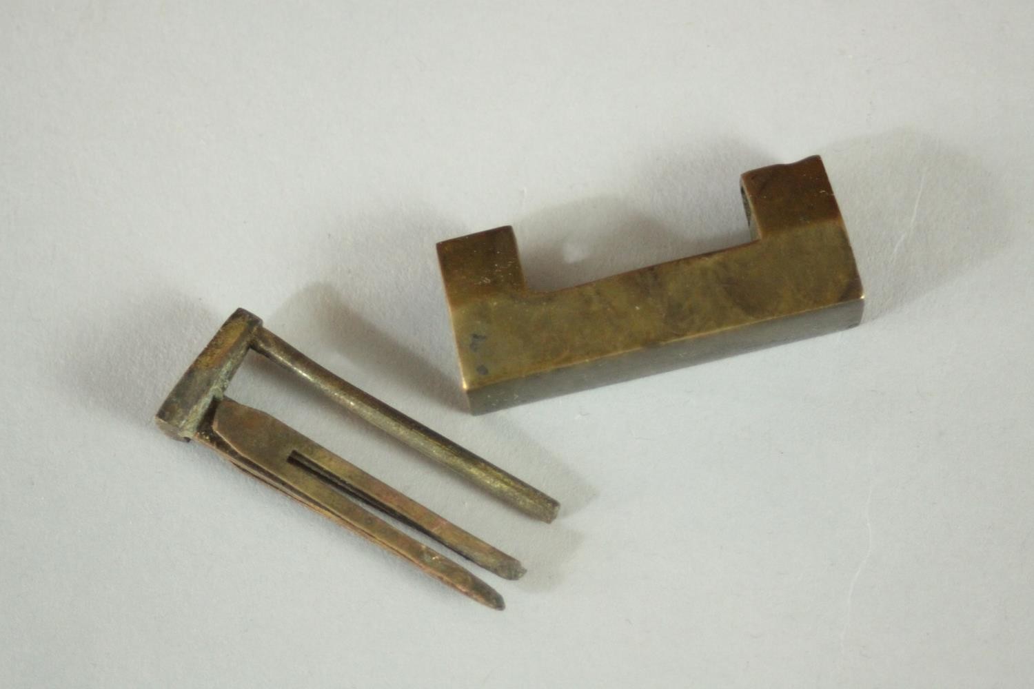 A burr walnut veneer Chinese style jewellery box with brass fittings with padlock (no key), paper - Image 10 of 11