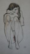 After Egon Schiele- An unframed watercolour on paper of a hunched seated nude female. Signed and