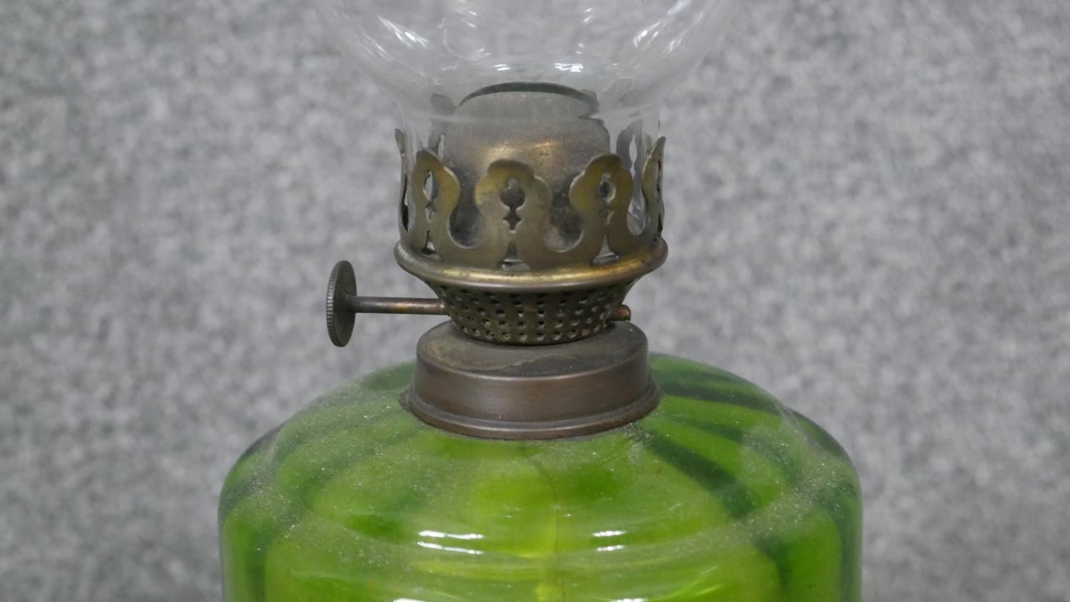 A gold painted brass Art Nouveau style oil lamp with green glass reservoir and glass funnel. H.41 - Image 3 of 4