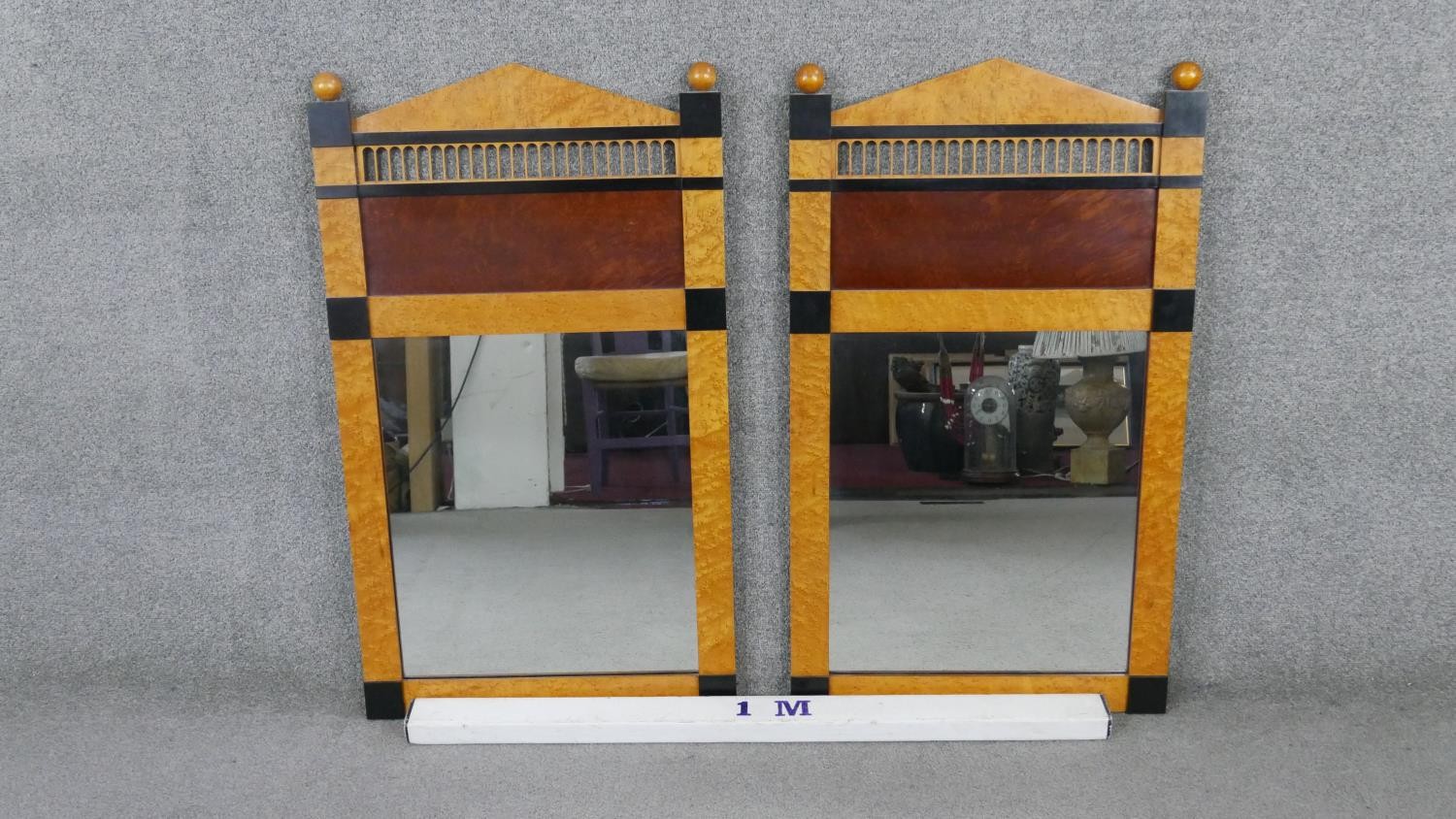 A pair of Biedermeier style birds eye maple mirrors, with an arched top flanked by gilded spheres, - Image 5 of 5