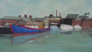 A framed oil on canvas on board of Water Lane, Leeds. Signed Alan O. Smith. H.44 W.84cm