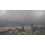 A framed oil on canvas on board of a country field with hills in the background. Signed Alan O.