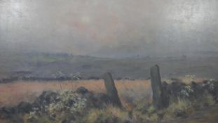 A framed oil on canvas on board of a country field with hills in the background. Signed Alan O.