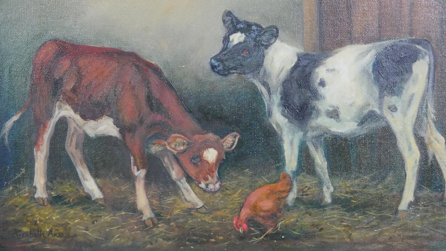 A pair of gilt framed oils on canvas of cows in a barn. Signed Elizabeth Ansell H.40 W.50cm - Image 3 of 7