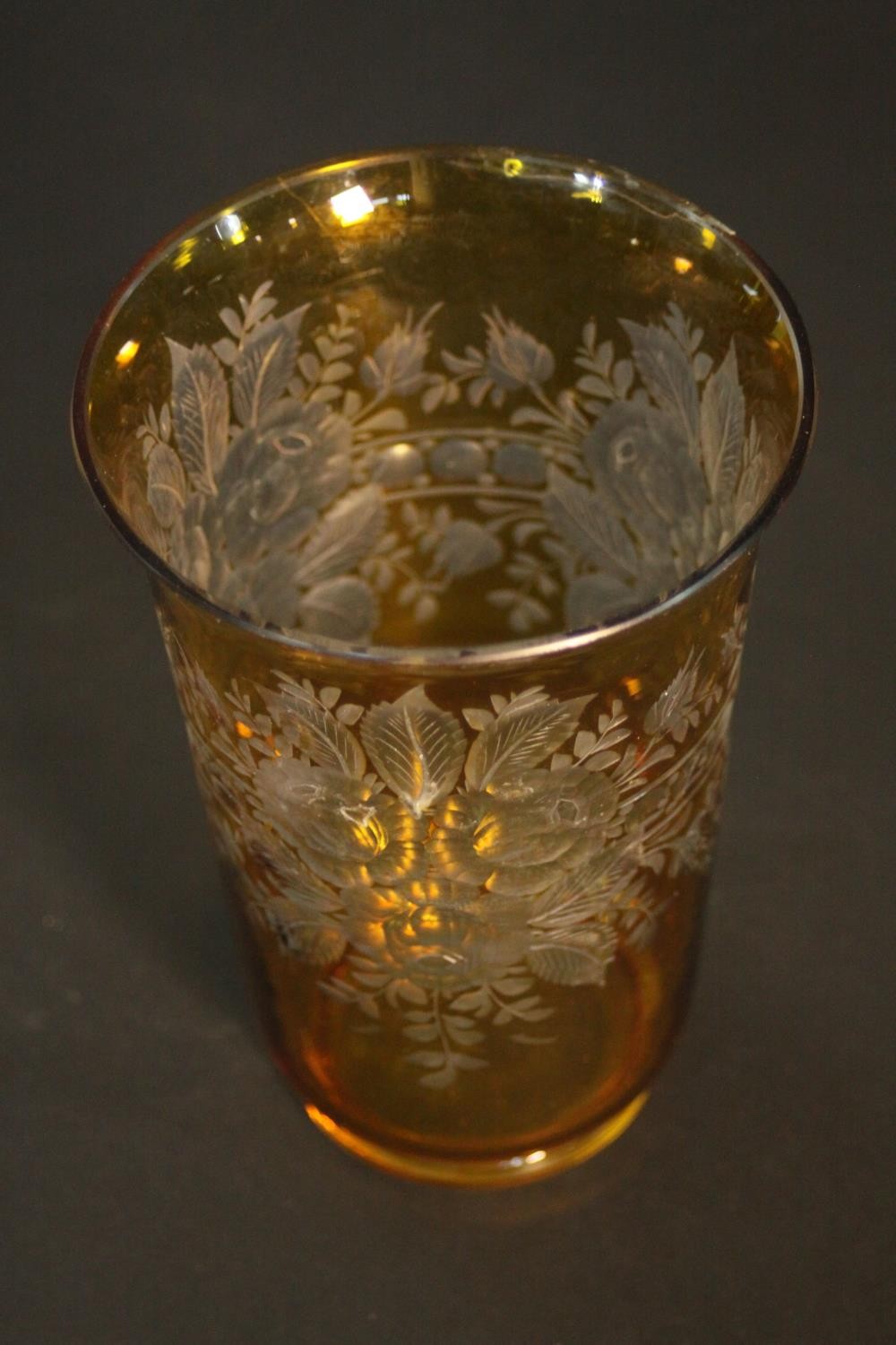 Two early 20th century Bohemian glass pieces. An amber painted clear glass etched rummer with a - Image 7 of 7