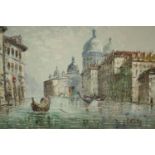 A 20th century gold painted framed oil on canvas, Venetian canal scene. Signed Burnett. H.80 W.