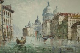 A 20th century gold painted framed oil on canvas, Venetian canal scene. Signed Burnett. H.80 W.