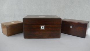 Three boxes, including a Victorian rosewood box with a mother of pearl escutcheon, a mahogany tea
