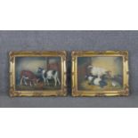 A pair of gilt framed oils on canvas of cows in a barn. Signed Elizabeth Ansell H.40 W.50cm