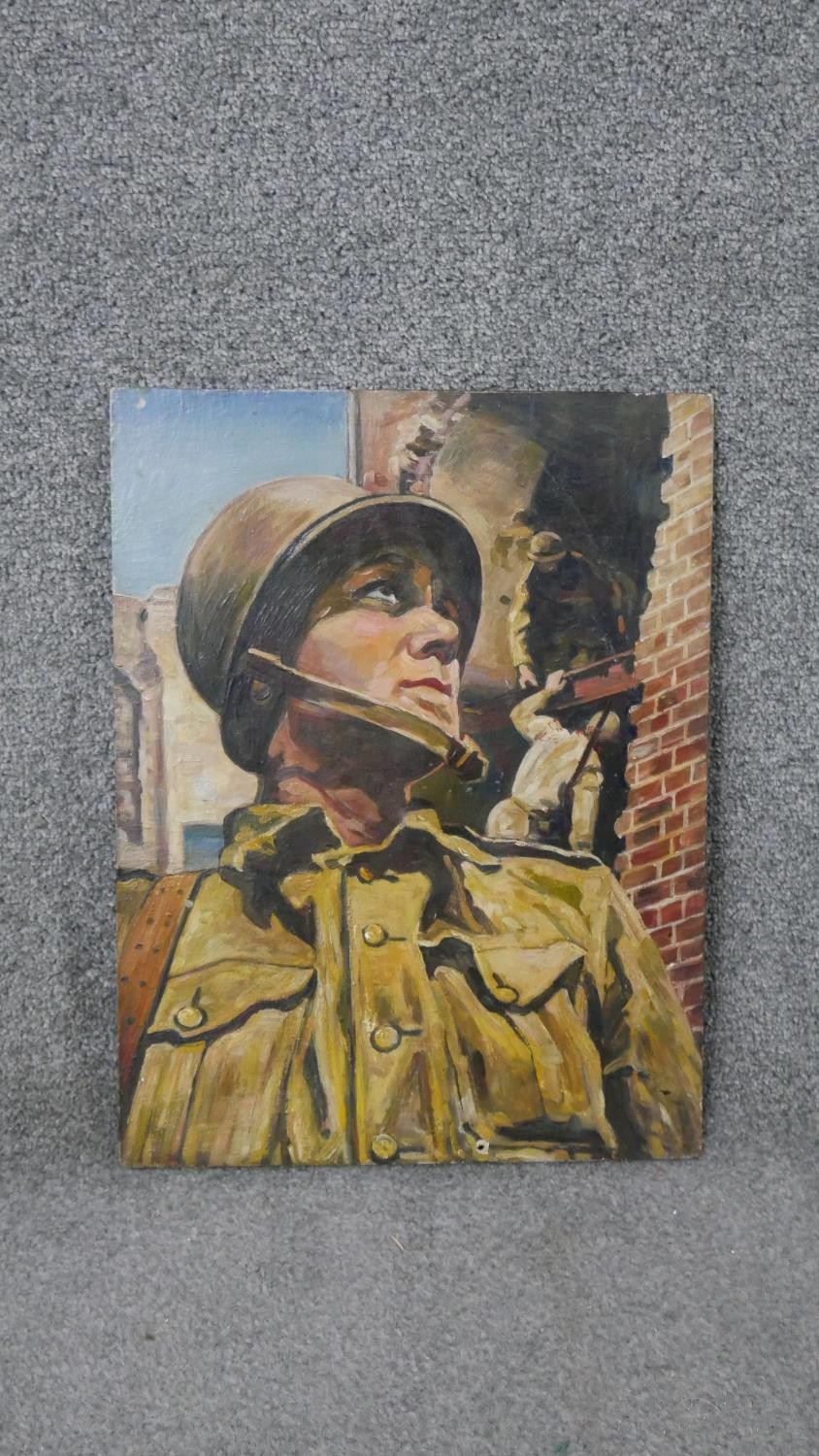 Attributed to Carlos Sáenz de Tejada (1897 - 1958) An oil on board of a soldier among derelict - Image 2 of 6