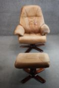 A Stressless style Scandinavian lounge chair and stool, upholstered in tan leather, on five and four