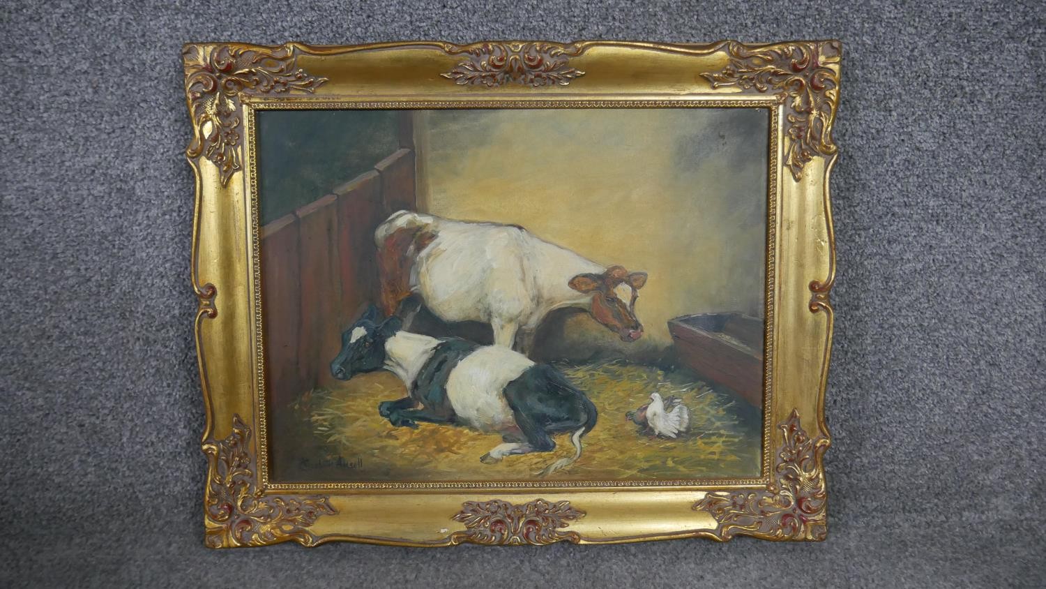 A pair of gilt framed oils on canvas of cows in a barn. Signed Elizabeth Ansell H.40 W.50cm - Image 4 of 7