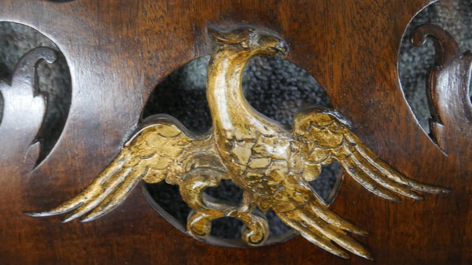 A George III mahogany fretwork mirror, parcel gilt, with a carved and pierced, Ho-ho bird, and a - Image 4 of 5