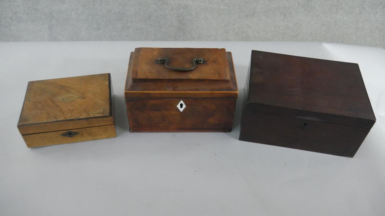 Three boxes, including a Regency mahogany tea caddy with three sections to the interior, a Victorian - Image 2 of 9