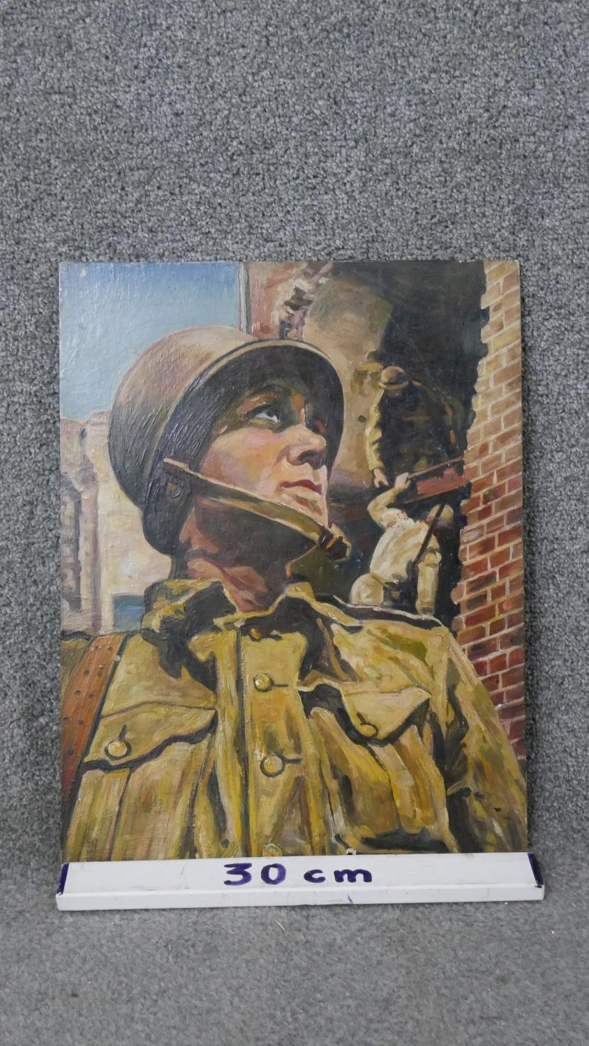 Attributed to Carlos Sáenz de Tejada (1897 - 1958) An oil on board of a soldier among derelict - Image 3 of 6