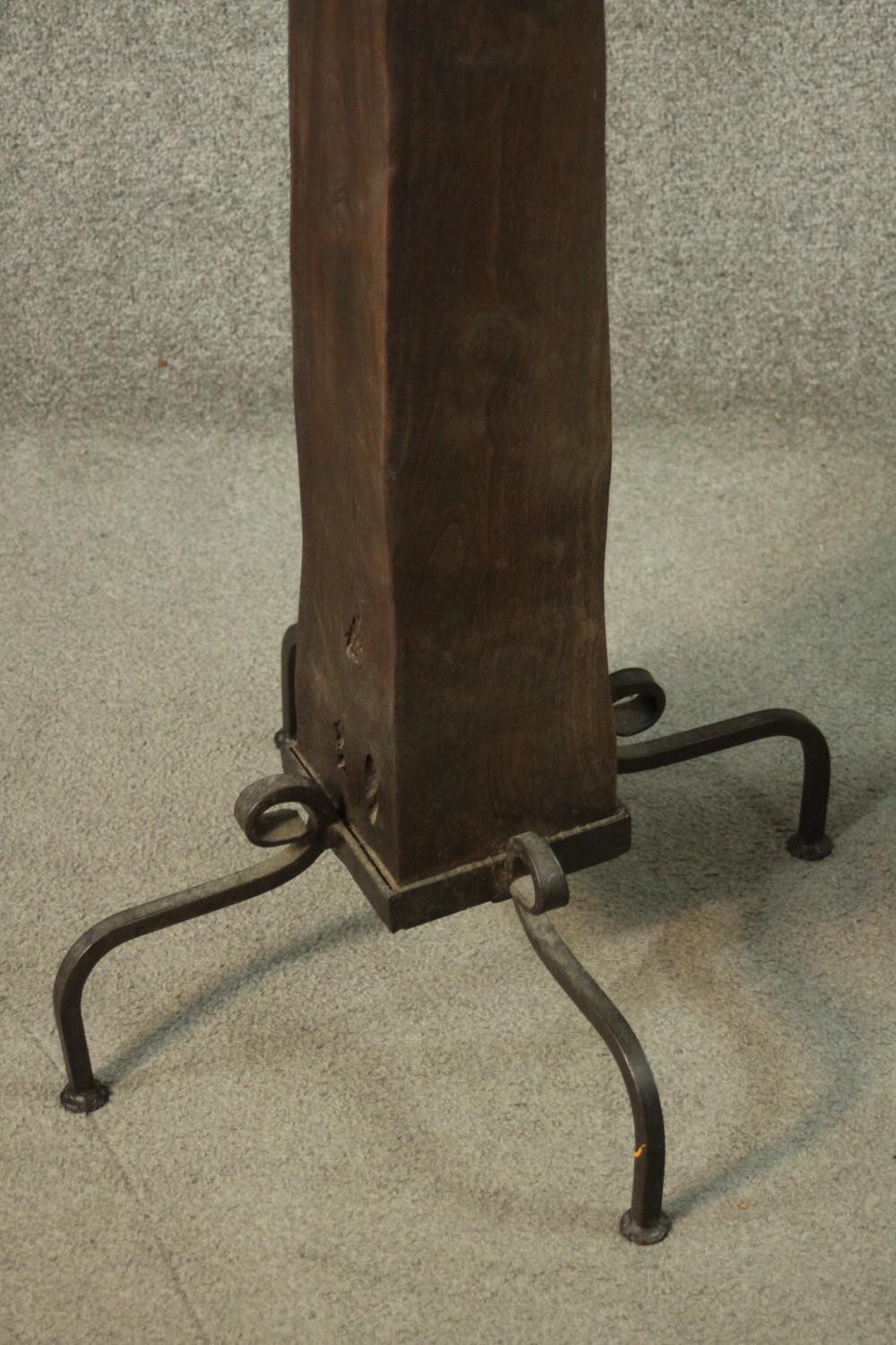 A pair of large Oriental style hardwood and wrought iron floor standing candlesticks on four prong - Image 5 of 9