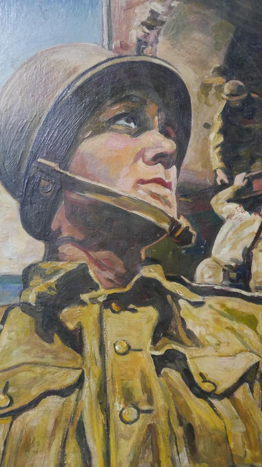 Attributed to Carlos Sáenz de Tejada (1897 - 1958) An oil on board of a soldier among derelict