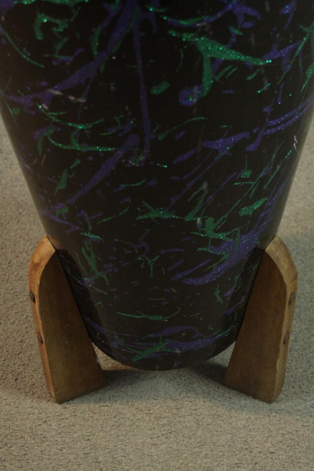 A purple and green glitter abstract design fibre glass Conga drum on wooden stand. H.92 W.31cm. - Image 4 of 4