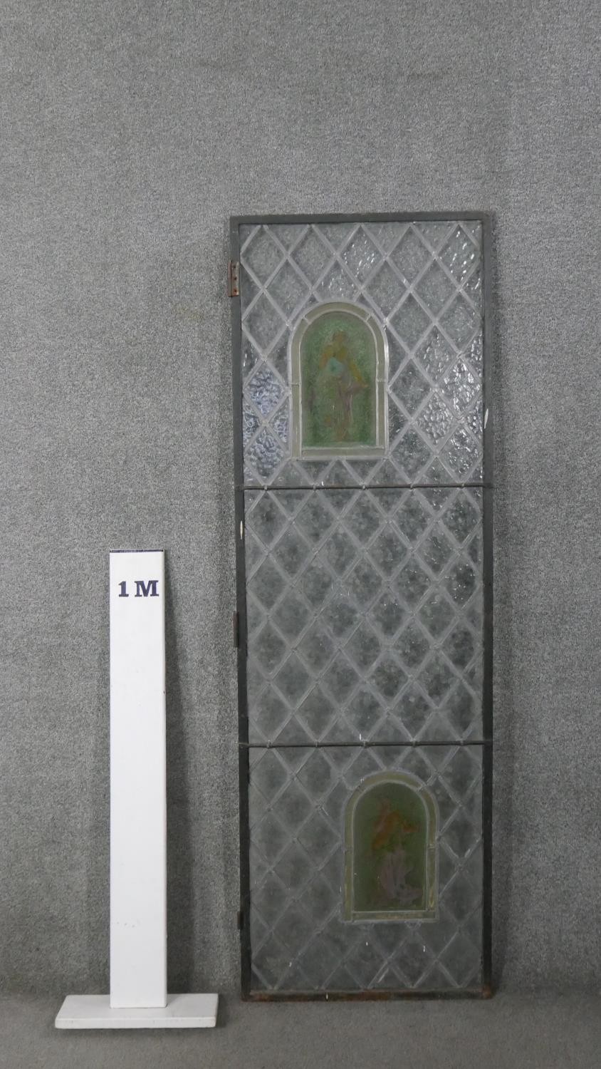 A large early 20th century lead and stained glass door with two painted coloured glass panels with - Image 3 of 11