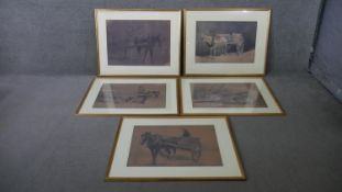 A set of five framed and glazed Dublin prints of watercolours of carts and horses. Dated in plate.