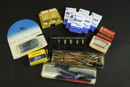 A collection of fountain pen nibs and cartridges, including Parker, R. Esterbrook, Platignum and