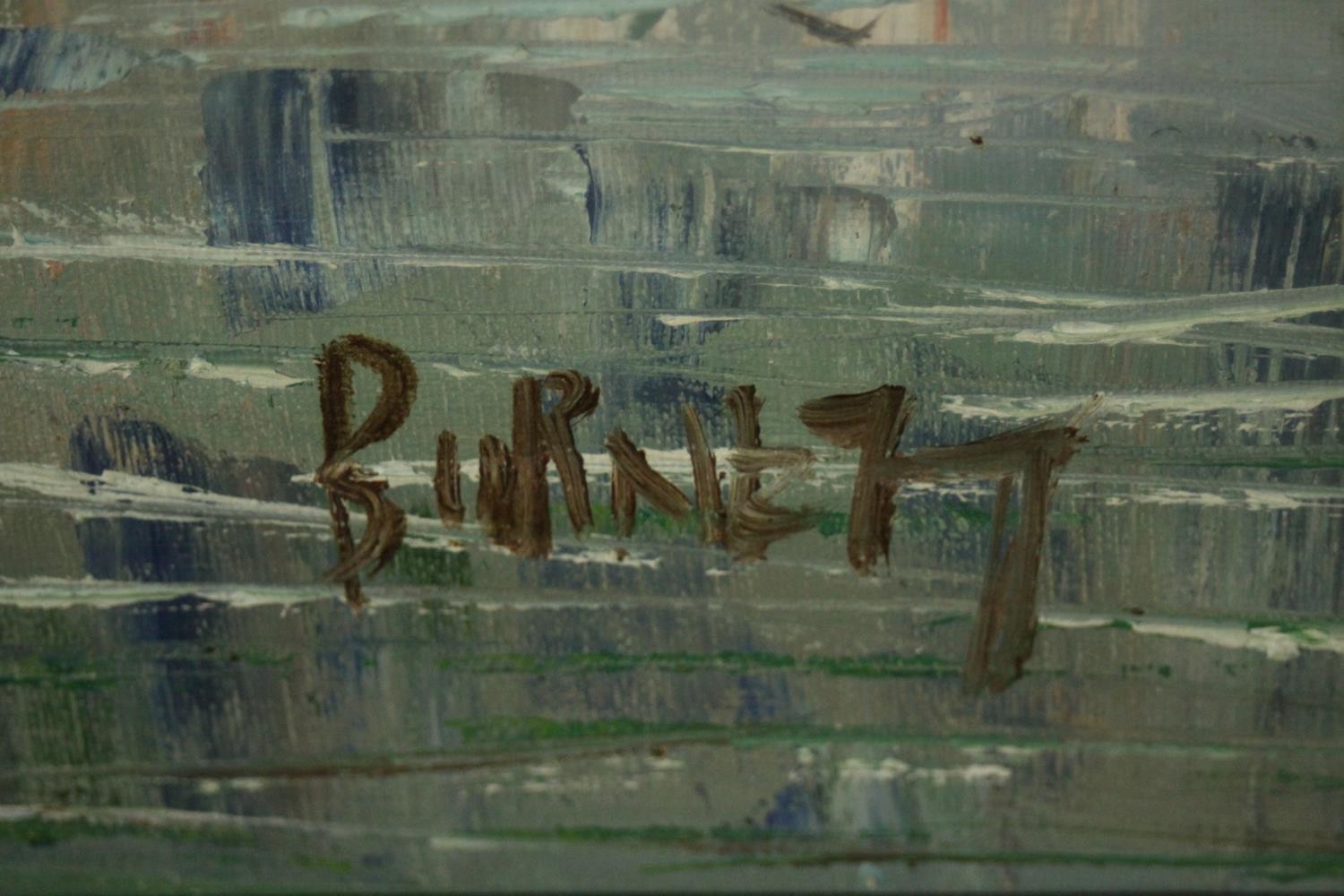 A 20th century gold painted framed oil on canvas, Venetian canal scene. Signed Burnett. H.80 W. - Image 6 of 7