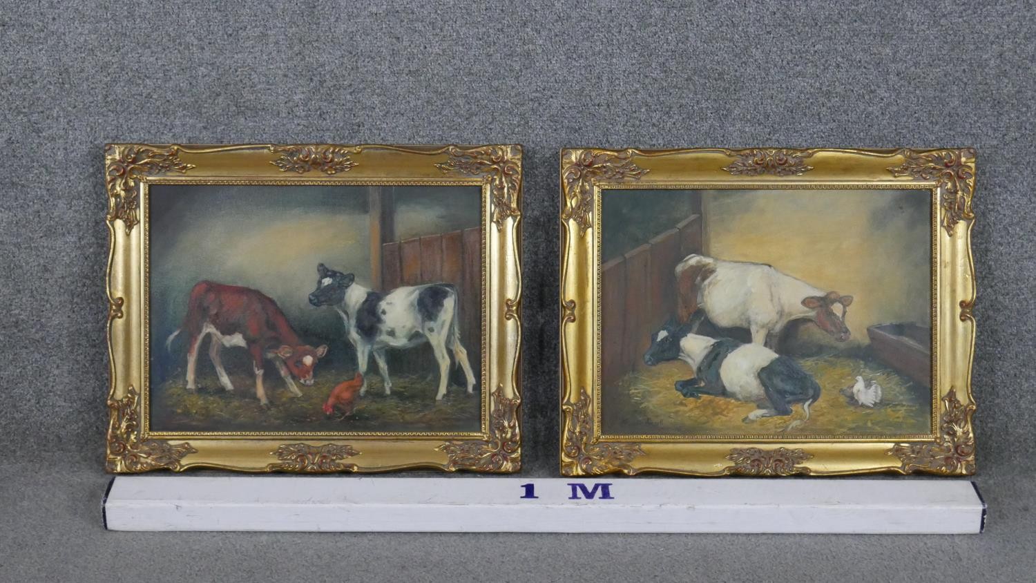 A pair of gilt framed oils on canvas of cows in a barn. Signed Elizabeth Ansell H.40 W.50cm - Image 7 of 7