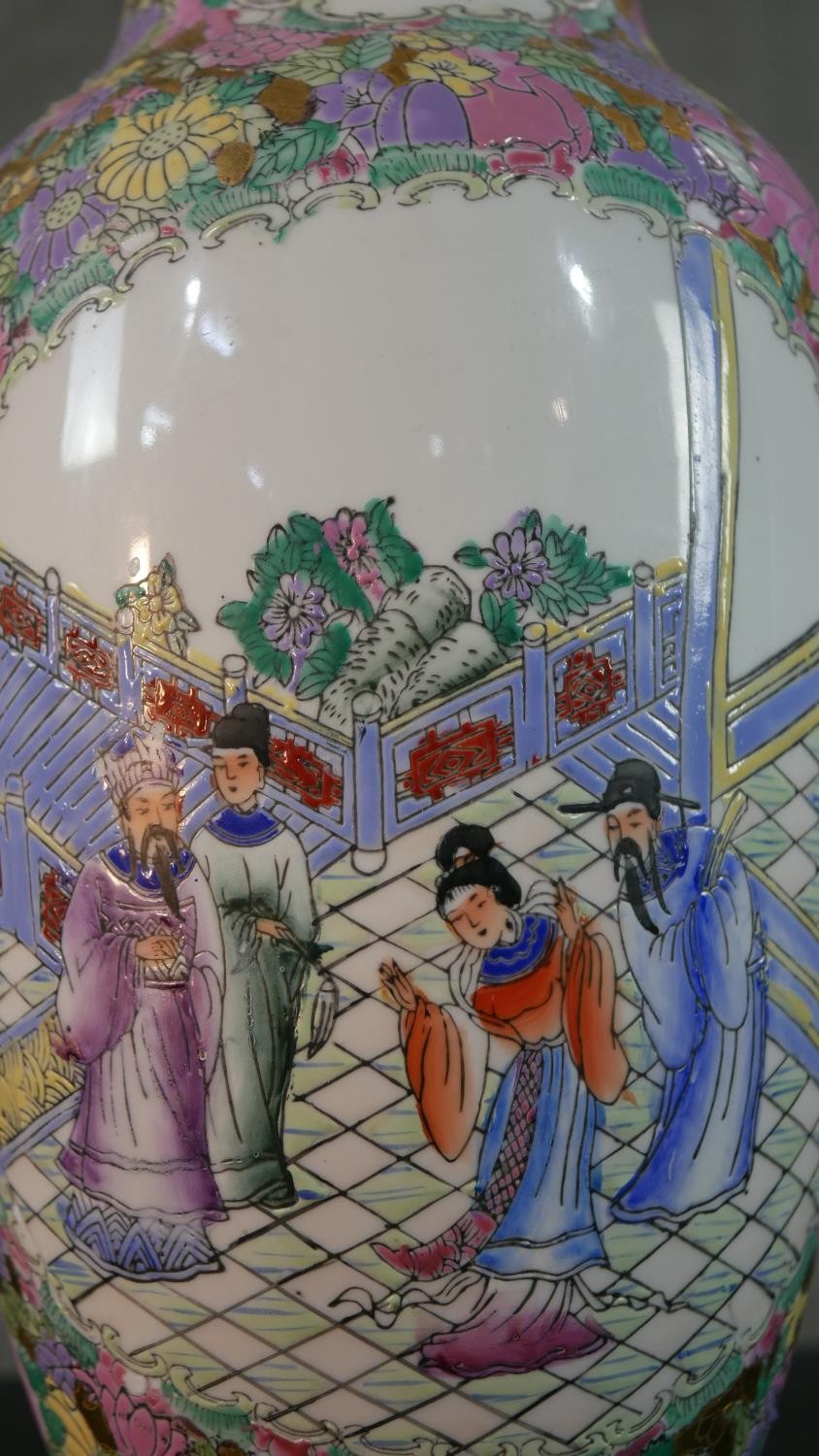 An large early 20th century Chinese Famille Rose hand painted vase, decorated with temple scenes and - Image 5 of 10