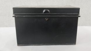 A Partridge & Cooper of London ebonised steel safe box, of rectangular form, with a maker's label to