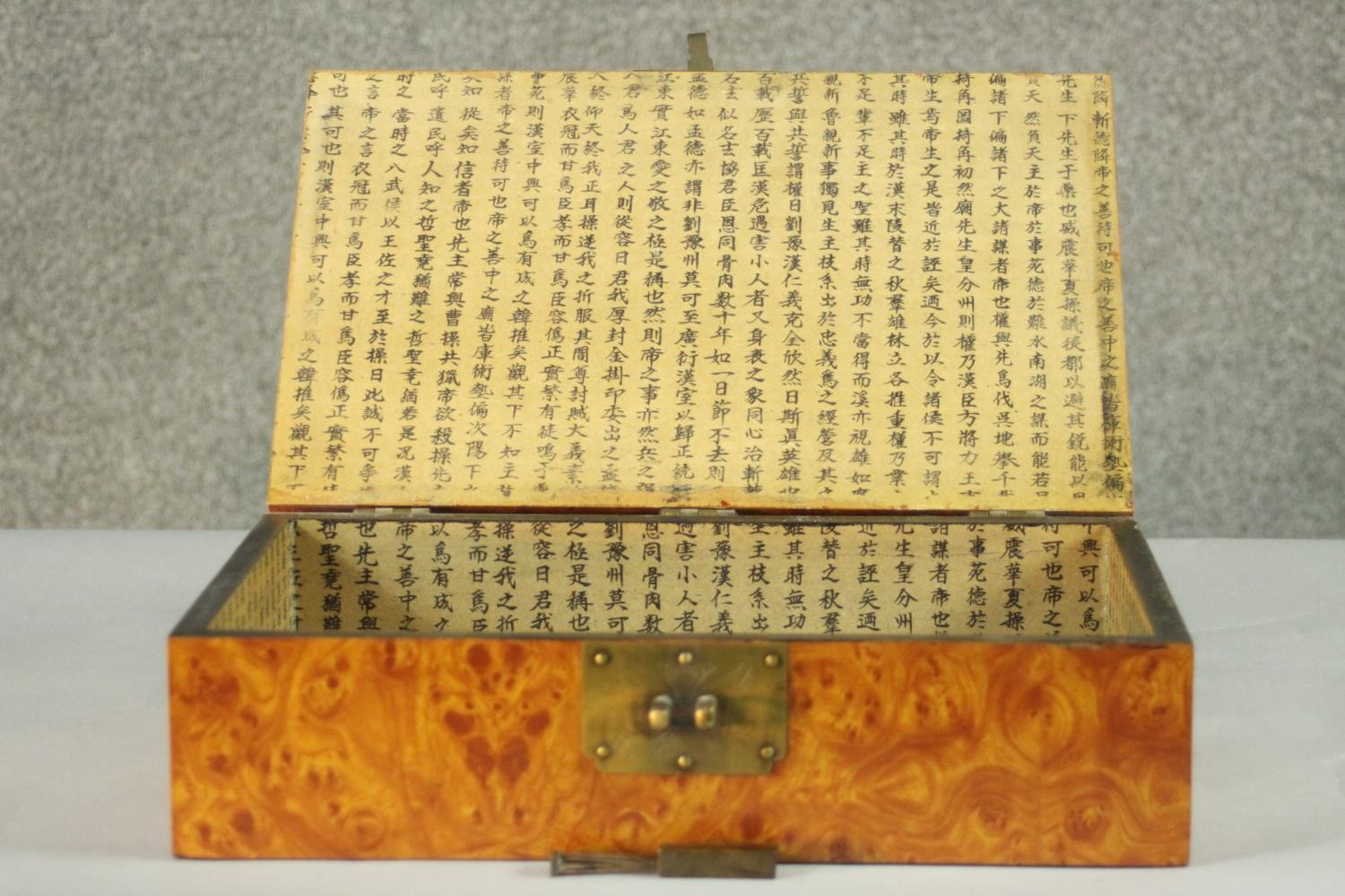 A burr walnut veneer Chinese style jewellery box with brass fittings with padlock (no key), paper - Image 2 of 11